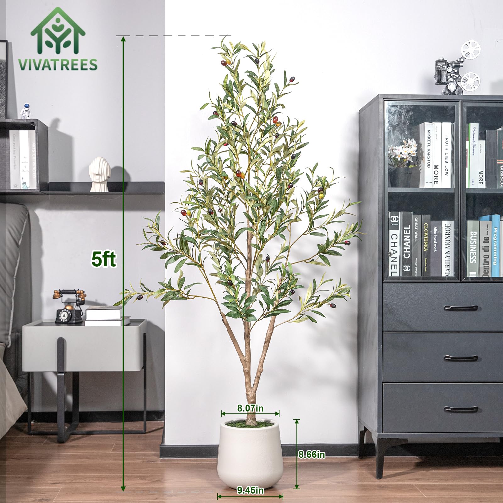 Olive Trees Artificial Indoor, 5FT Tall Faux Olive Tree with White Tall Planter