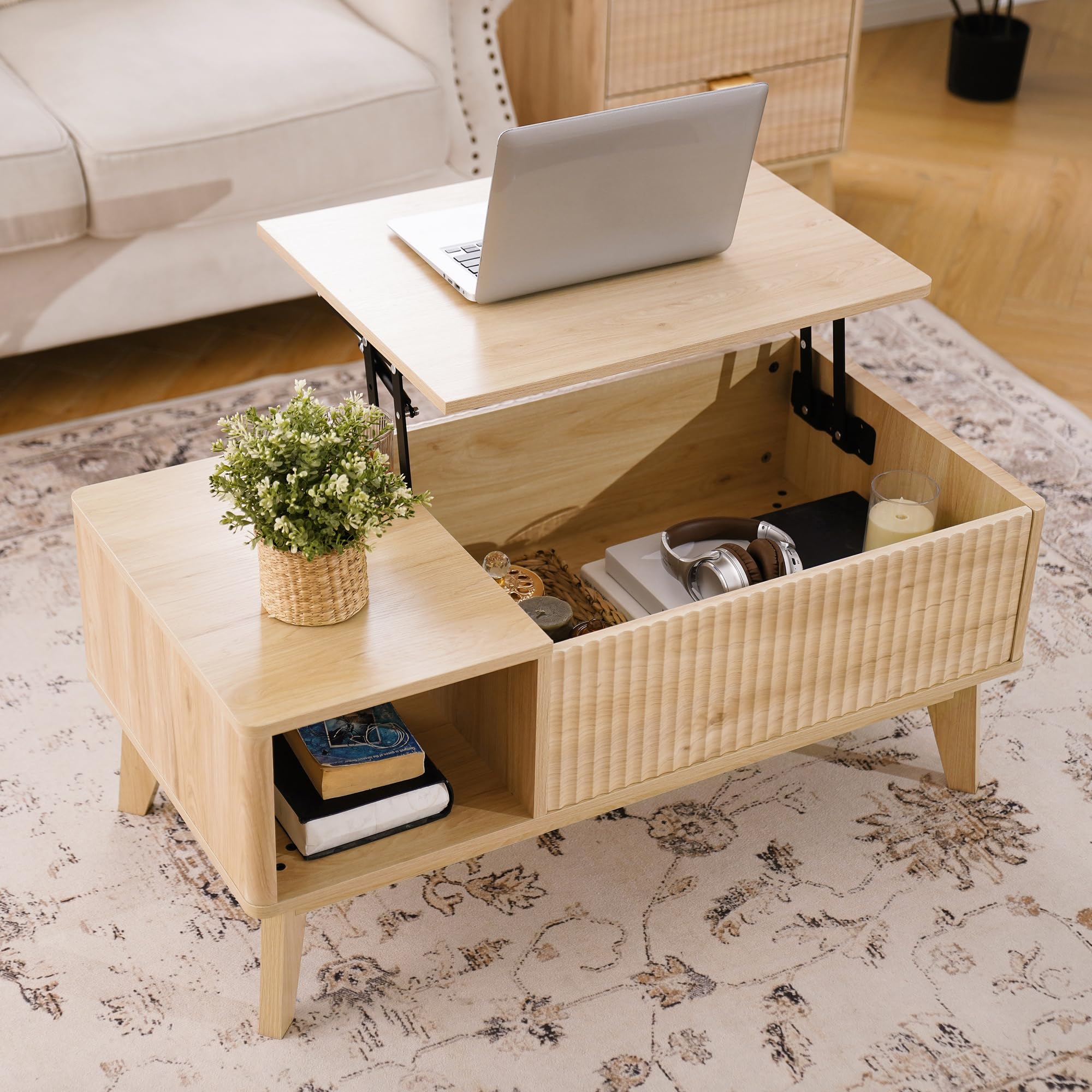 Fluted Lift Top Coffee Table with Hidden Compartment, Modern Center Table for Living