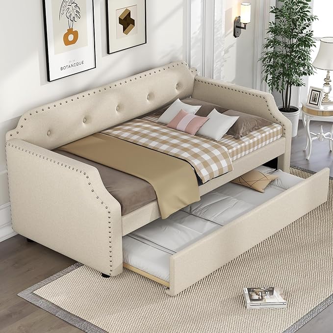 Upholstered Daybed with Trundle, Wood Slat Support,Upholstered Frame Sofa Bed, Twin