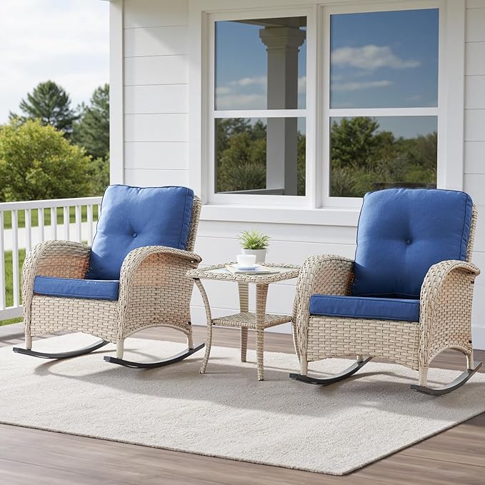 Wicker Swivel Rocker Patio Chairs, Outdoor Swivel Rocking Chairs Set of 2 with Side Table