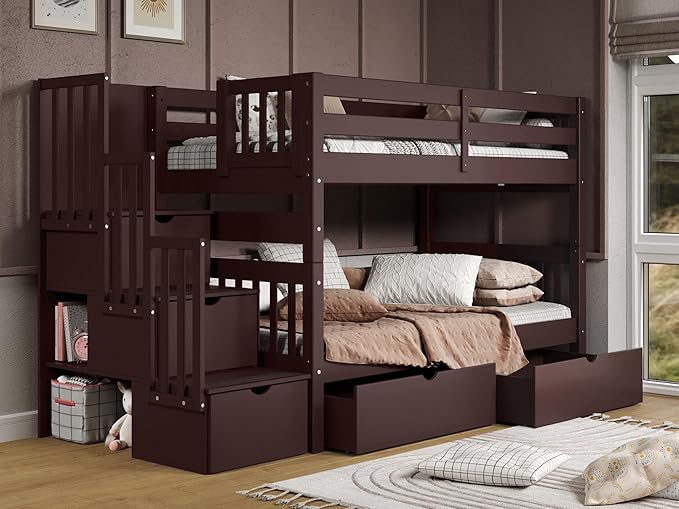 Stairway Bunk Beds Twin over Twin with 3 Drawers in the Steps and 2 Under Bed Drawers