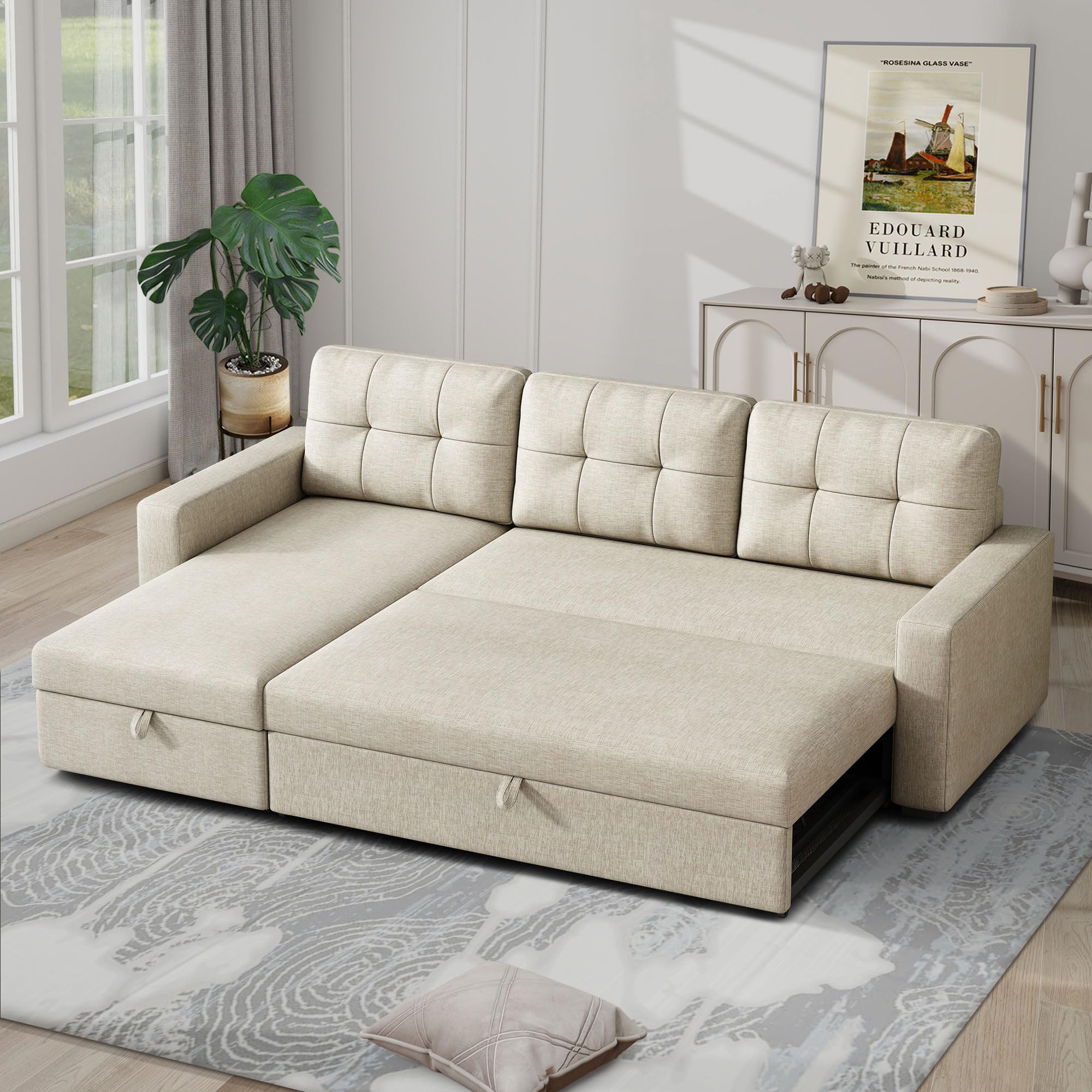 Sleeper Sectional Sofa W/Pull Out Bed,L Shaped Sofa Bed W/Storage Chaise