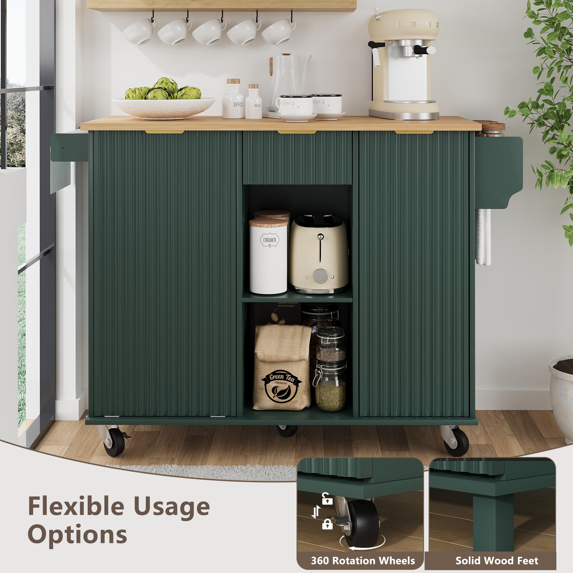 win2win Rolling Kitchen Island with Trash Can Storage, Portable Kitchen Island with Drop Leaf, Modern Farmhouse Kitchens Cart on Wheels with Fluted Design, Towel Rack, Spice Rack, Olive Green