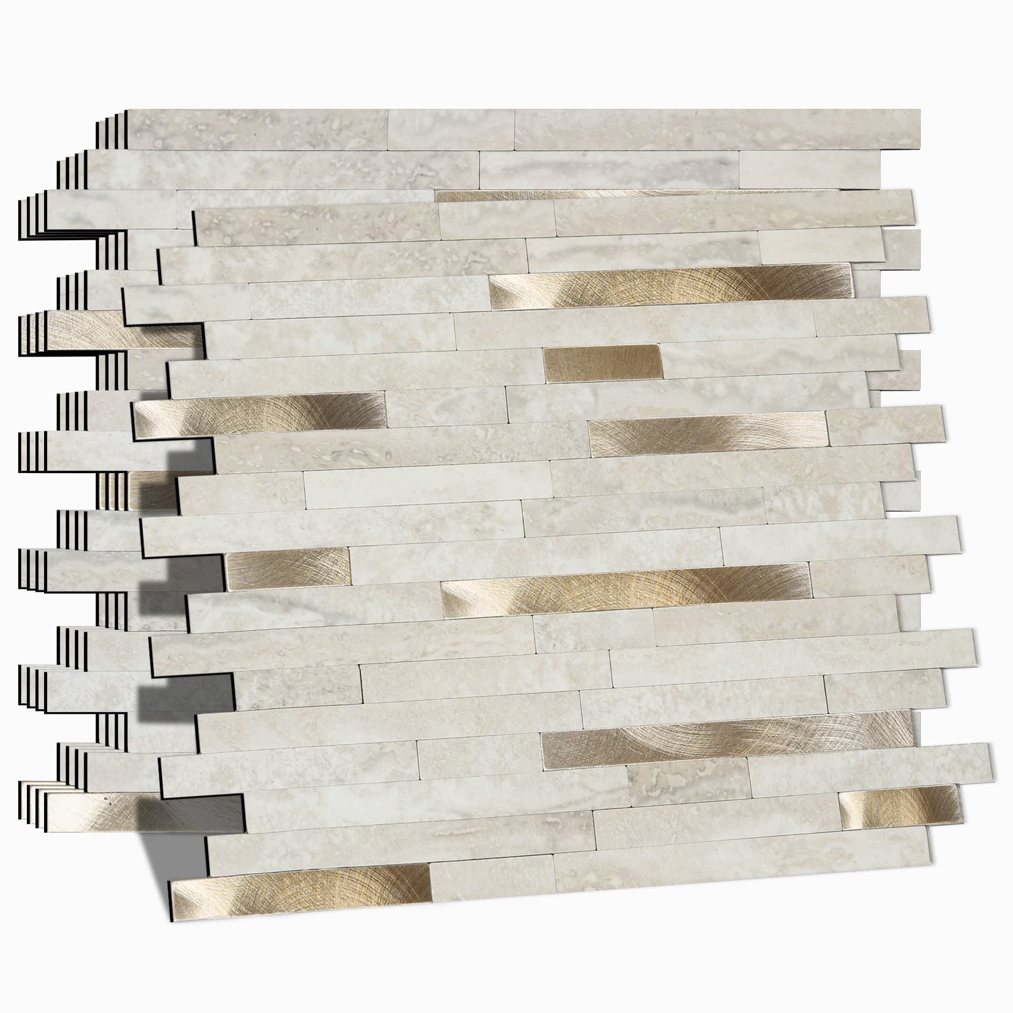 Peel and Stick Backsplash for Kitchen, Self-Adhesive Metal Gold Beige Marble Subway