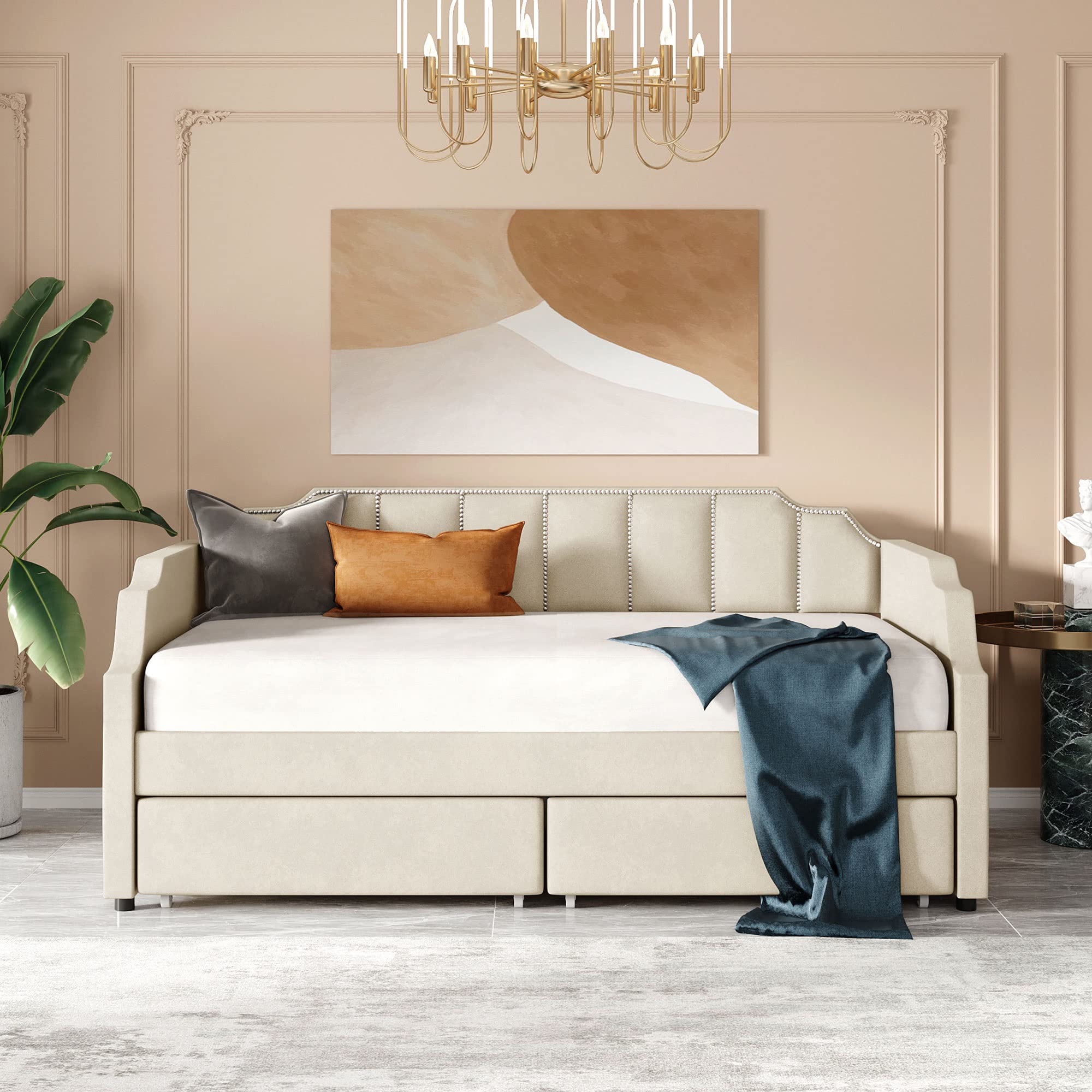 Twin Size Daybed with Storage Drawers - Upholstered Velvet Sofa Bed, Wood Slat Support