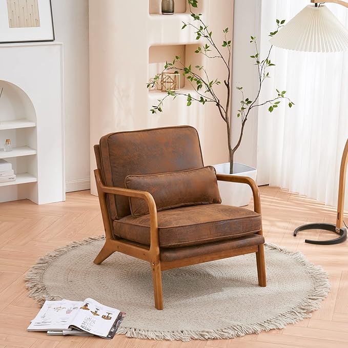 Accent Chair Mid-Century Modern Chair with Pillow Linen Fabric Upholstered Lounge Arm