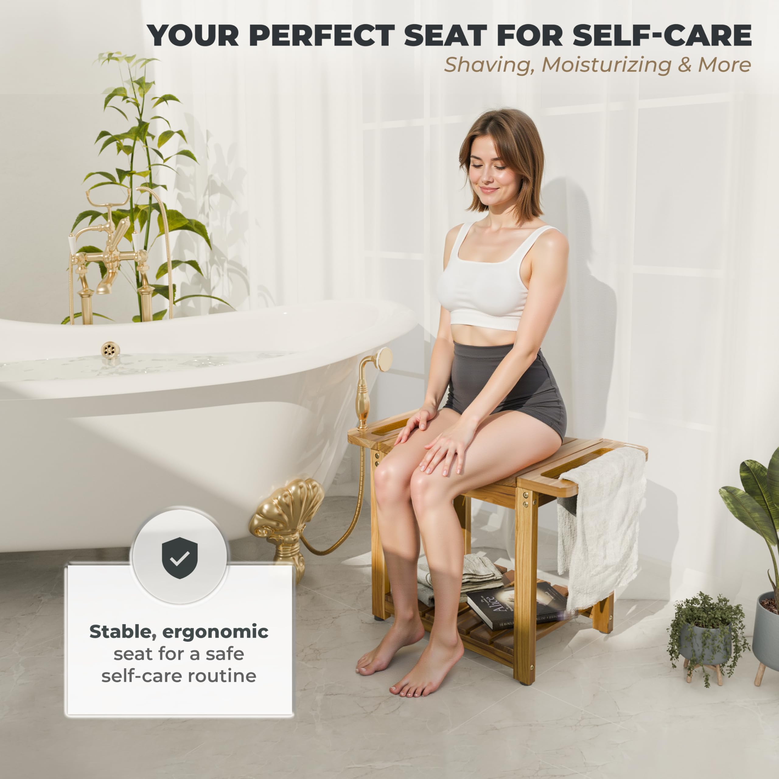 LotusSway Teak Shower Bench Seat with Storage Shelf, Wood Shower Benches for Inside Shower to Sit on, Teak Shower Stool & Spa for Elderly with Shower Head Holder & Built in Handle for Bathroom/Outdoor