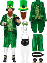 10 Pcs Men's St. Patrick's Day Costume Set Irish Green Shamrock Clover