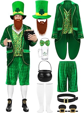 10 Pcs Men's St. Patrick's Day Costume Set Irish Green Shamrock Clover
