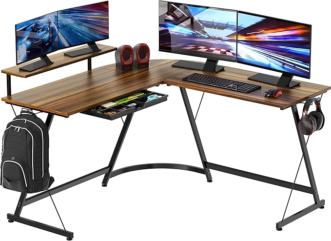 51 x 51 Inches Vista L-Shaped Desk with Monitor Stand and Drawer, Black