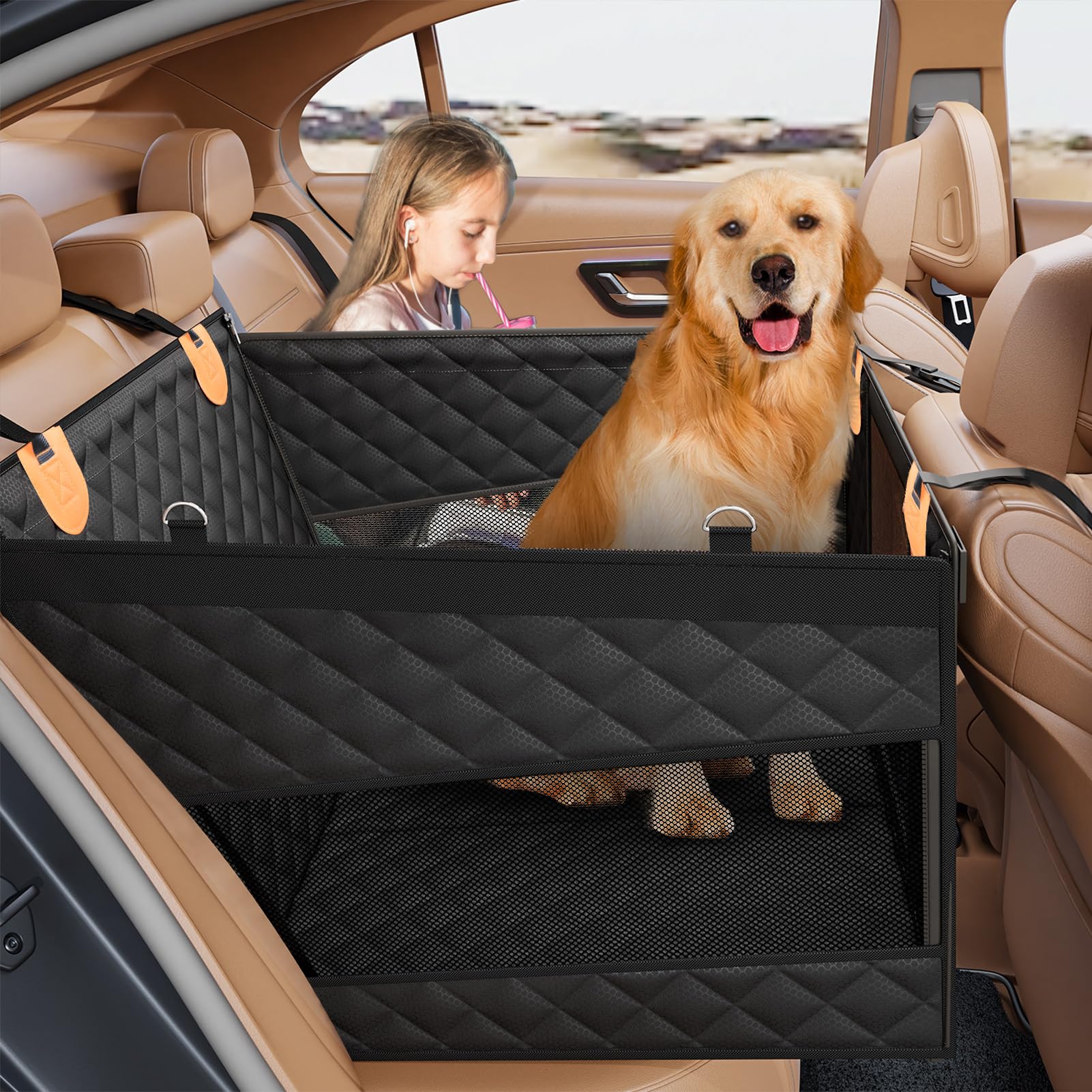 Large Dog Car Seat, Back Seat Extender for Dogs with 3 Mesh Windows