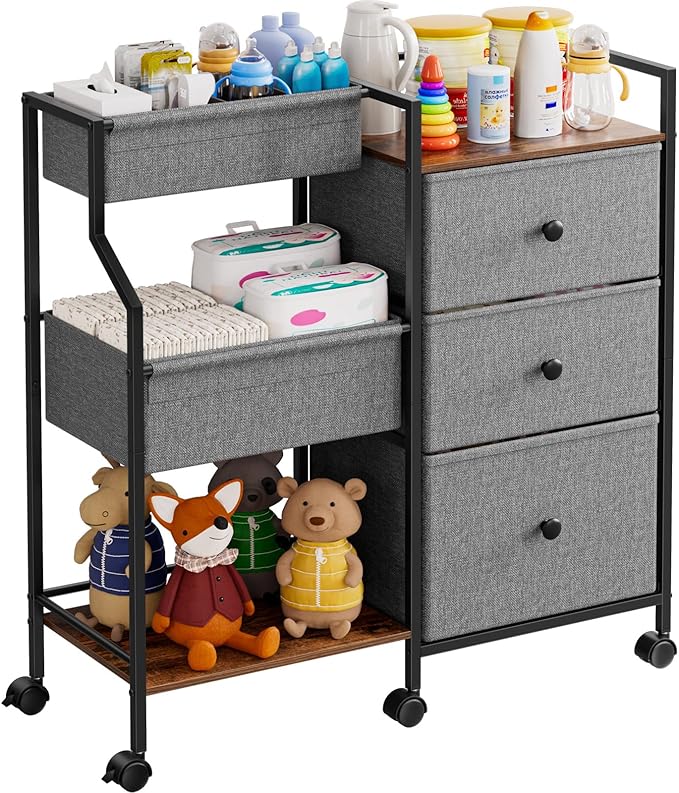 Baby Organizer and Storage - 3 Tier Rolling Cart with Dividers and Drawers