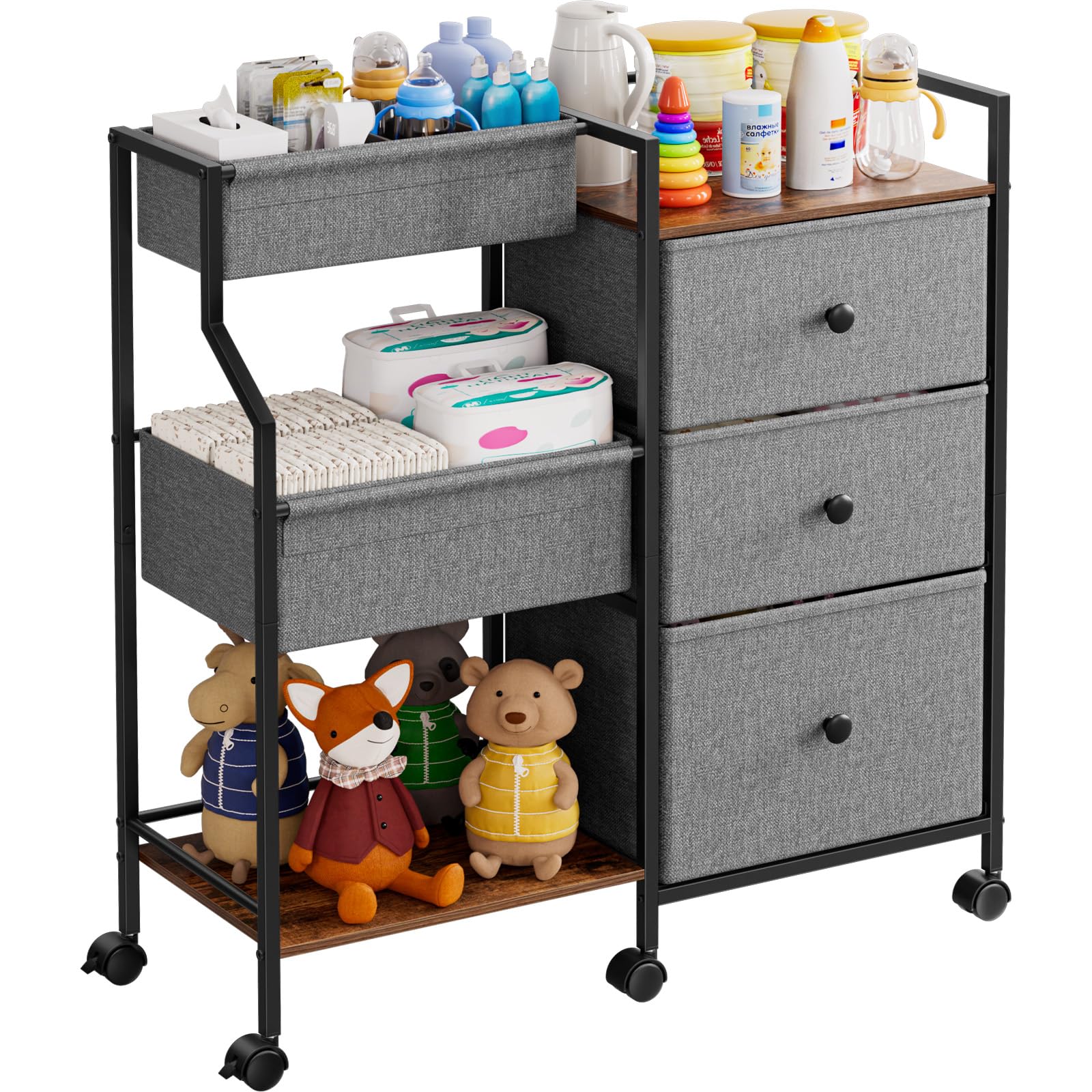 Baby Diaper Caddy Organizer and Storage - 3 Tier Rolling Cart with Dividers and Drawers