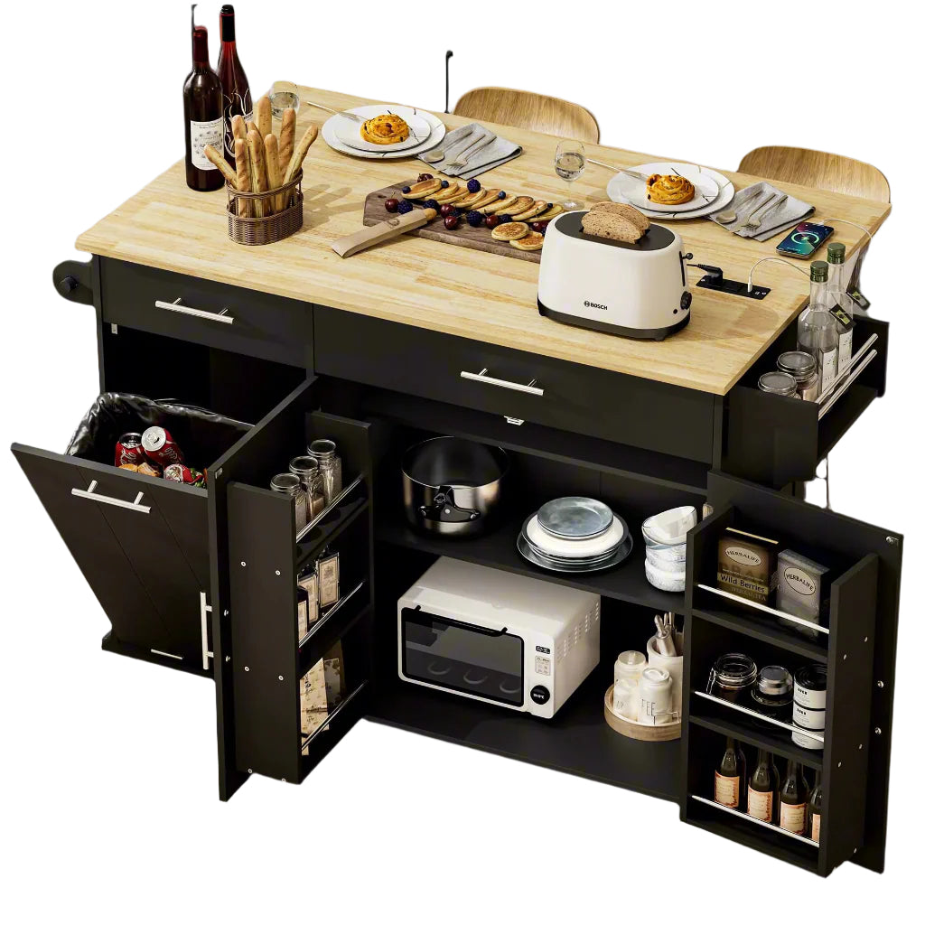 Kitchen Island with Trash Can Storage, Portable Kitchen Island on Wheels