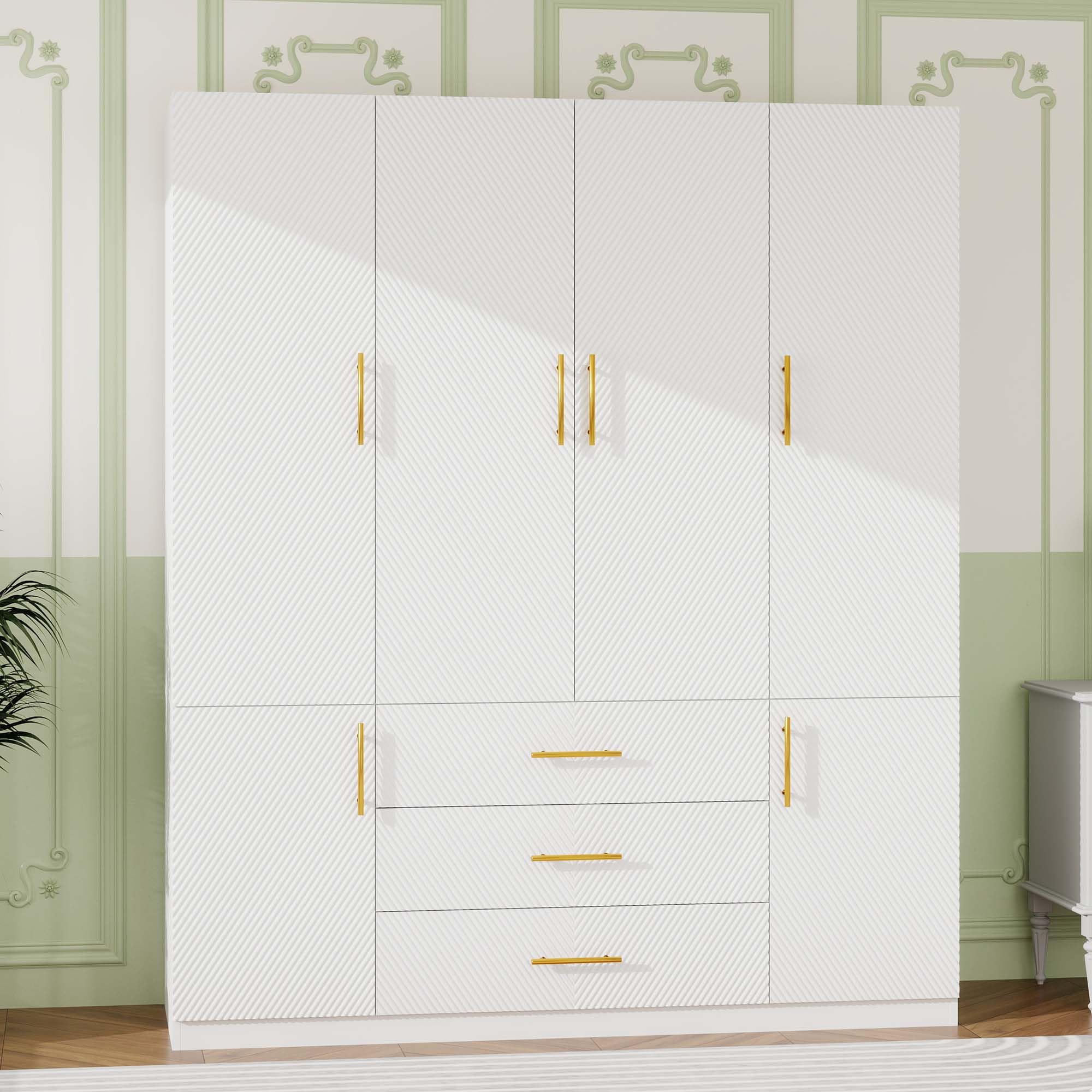 White Wardrobe Closet with Doors, 3 Drawers, Hanging Rods,Armoires