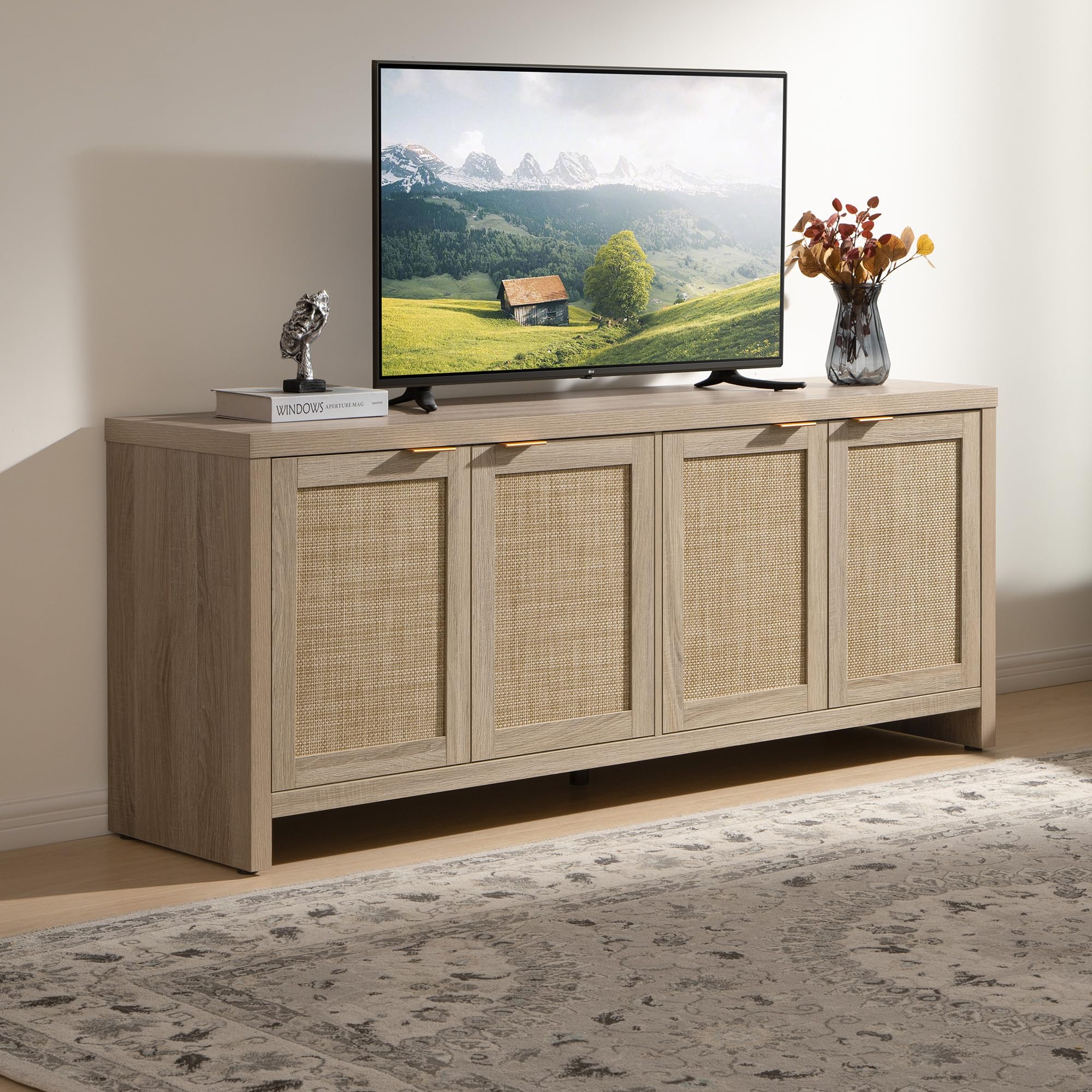 TV Stand for Living Room Boho Entertainment Center for Bedroom with 4 Rattan