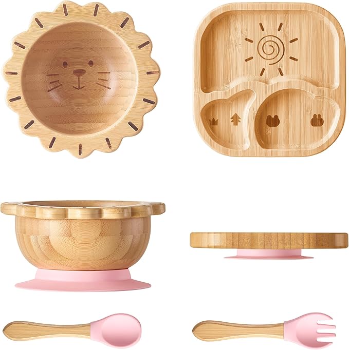 Suction Plates Bowls Set for Baby Toddler Non-Toxic Bamboo Feeding Set with Silicone