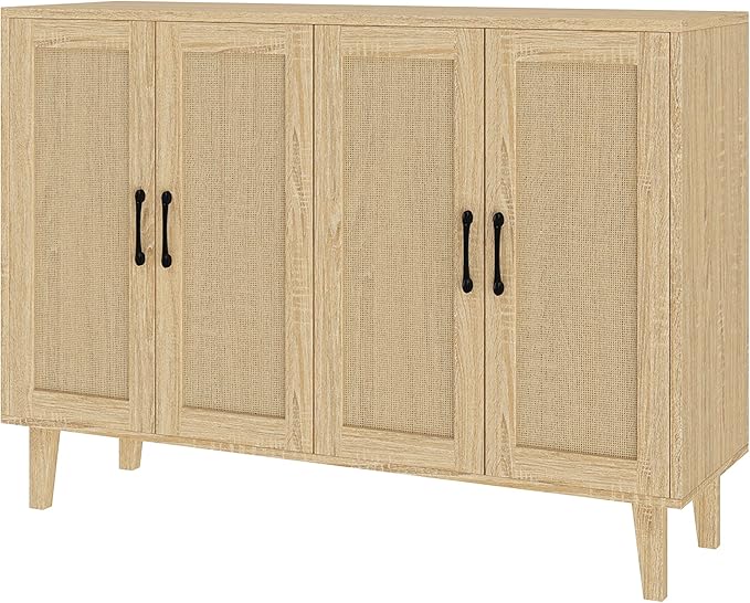 Buffet Storage Cabinet with Rattan Decorating 4 Doors Living Room Kitchen