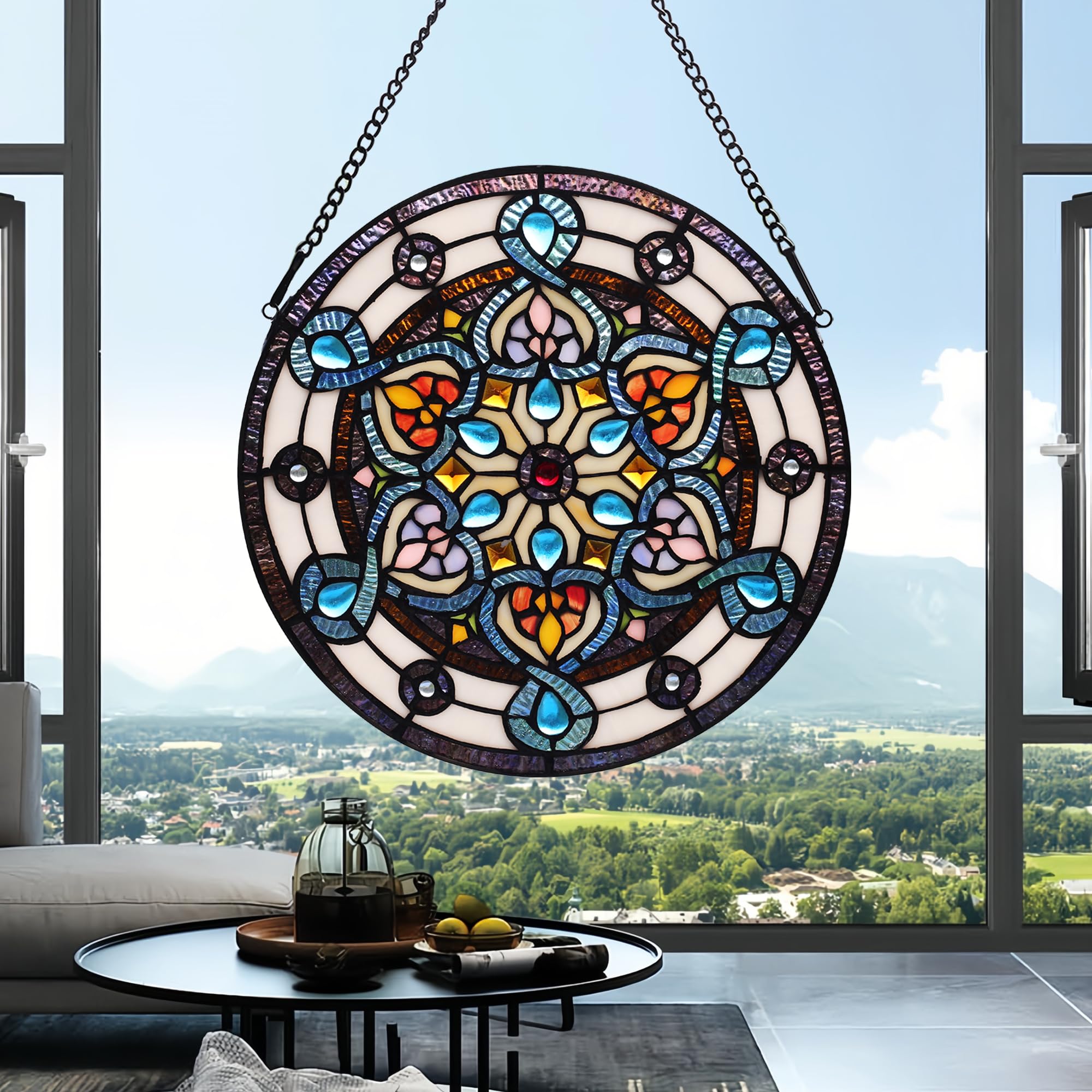 Tiffany Style Stained Glass Window Hanging Panel 12 Inch Round Handmade Blue Flower
