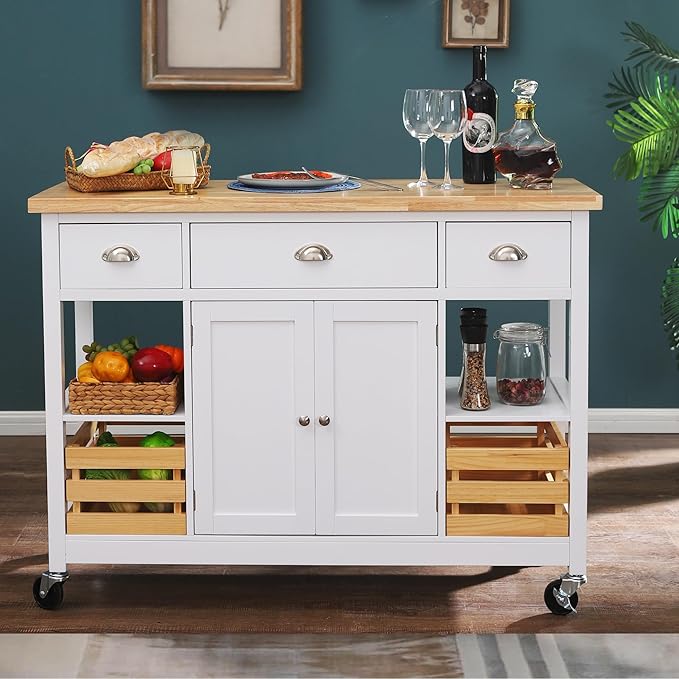 Kitchen Island Cart on Wheels - Butcher Block Island Table