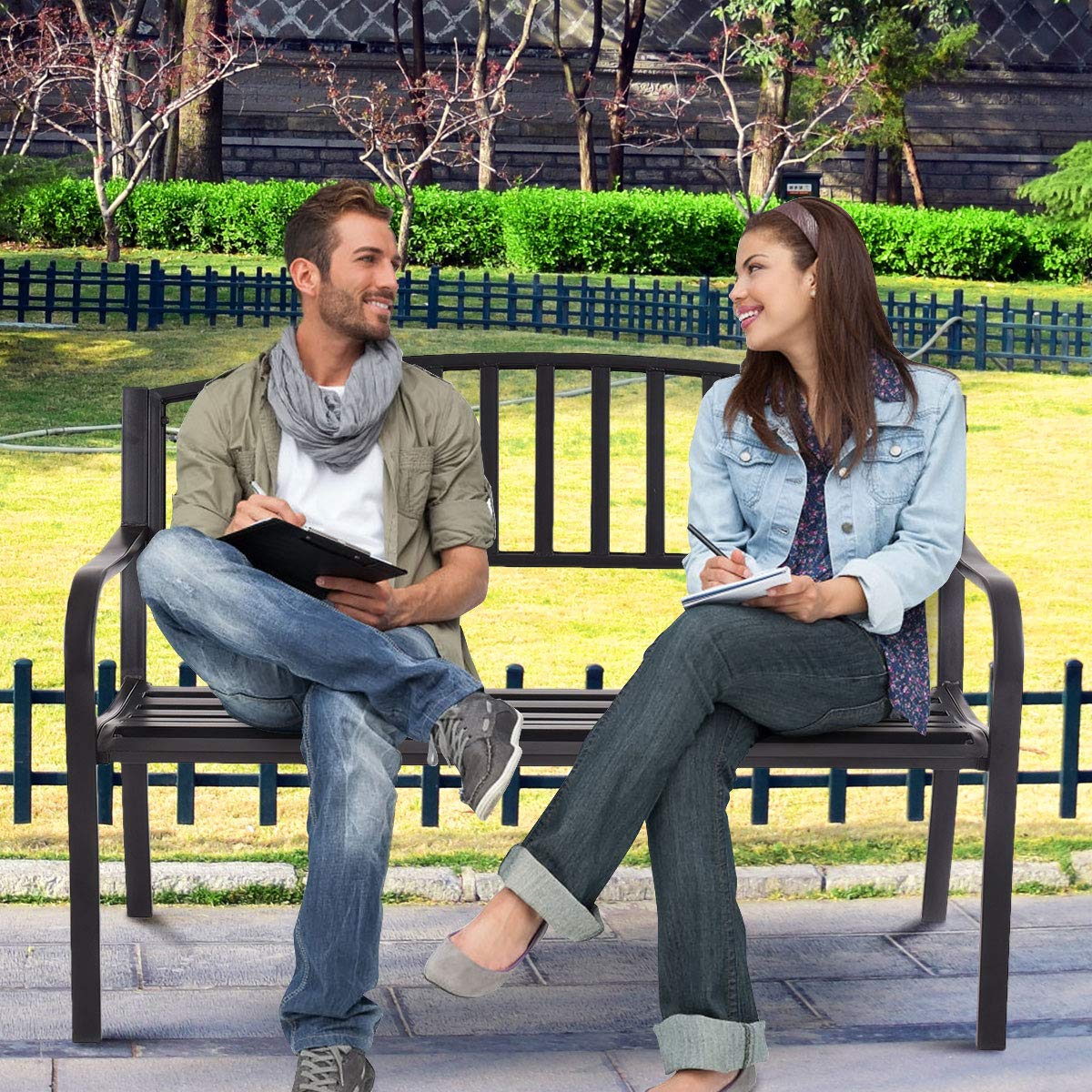 Outdoor Bench, 50” Patio Garden Bench with Steel Frame, Slat Design