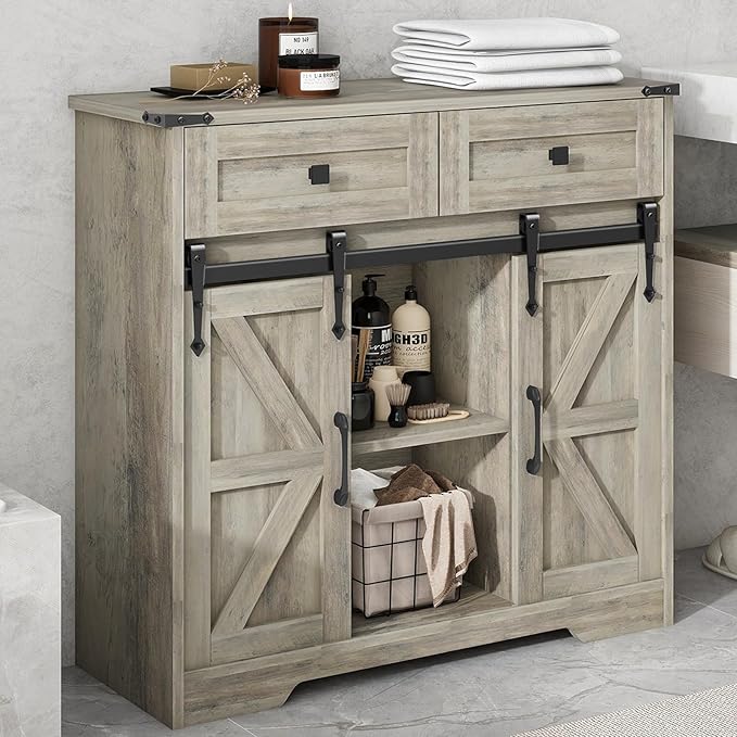 Farmhouse Storage Cabinet with Sliding Barn Door and 4 Drawers