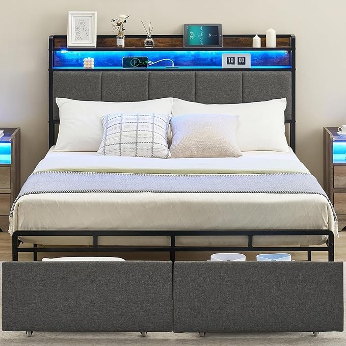Full Size Bed Frame with Storage Headboard Led Lights Charging Station