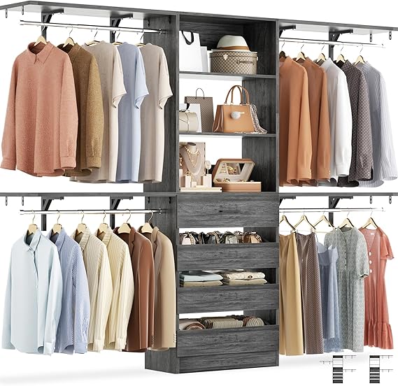 8FT Wood Closet Organizer With 4 Drawers, 96'' Built-In System Tower With Shelves