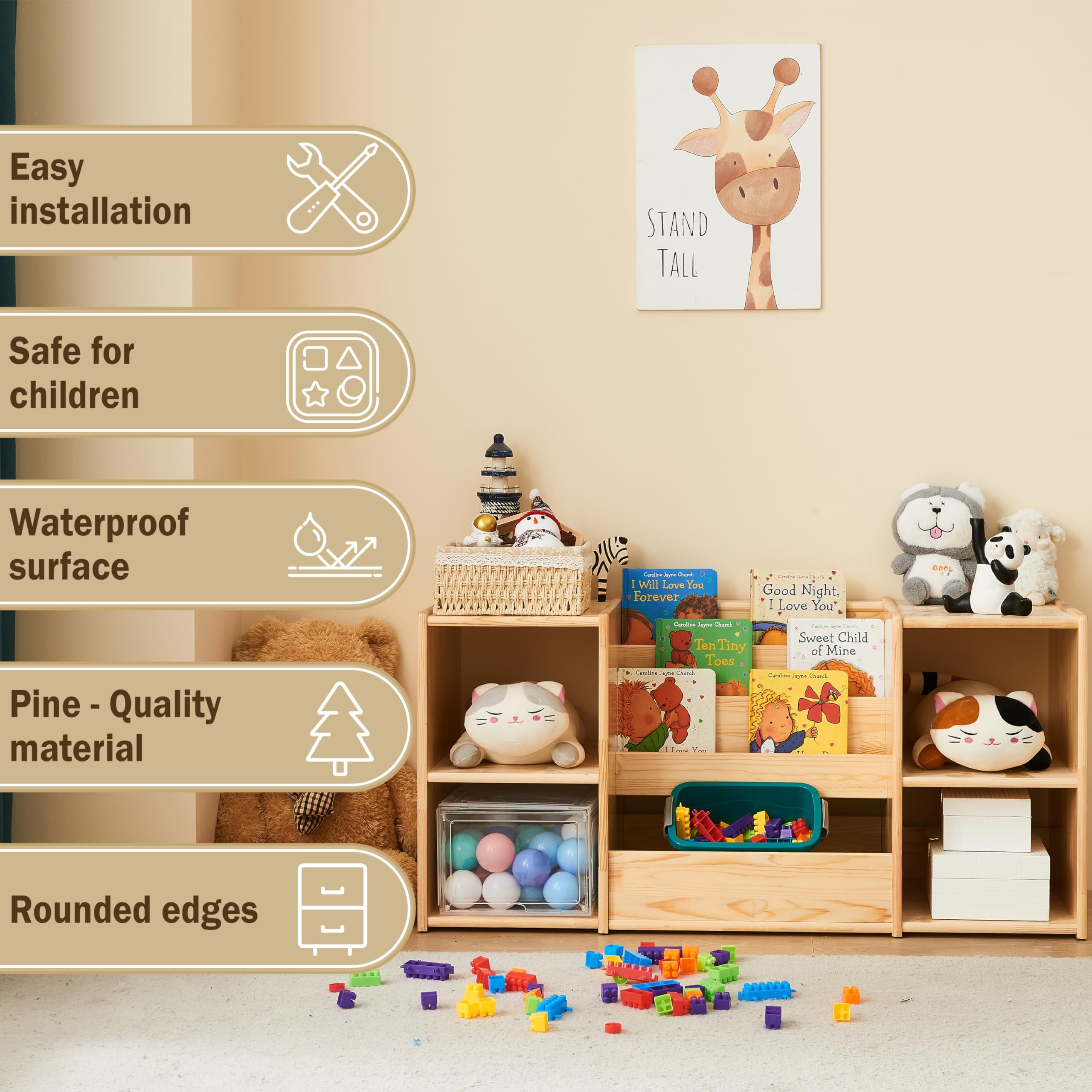 Montessori Bookshelf and Toy Storage | 3-Section Kids Bookshelf for Organizing Books