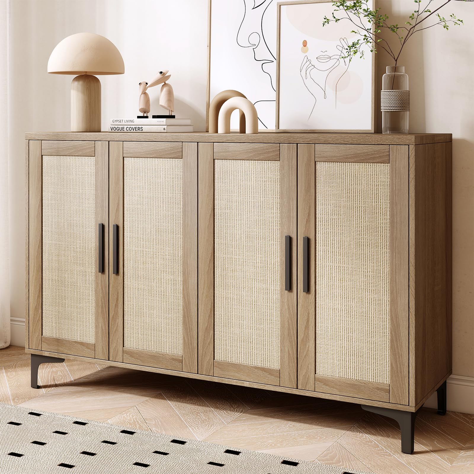 Sideboard Buffet Cabinet with Storage, Rattan Kitchen Storage