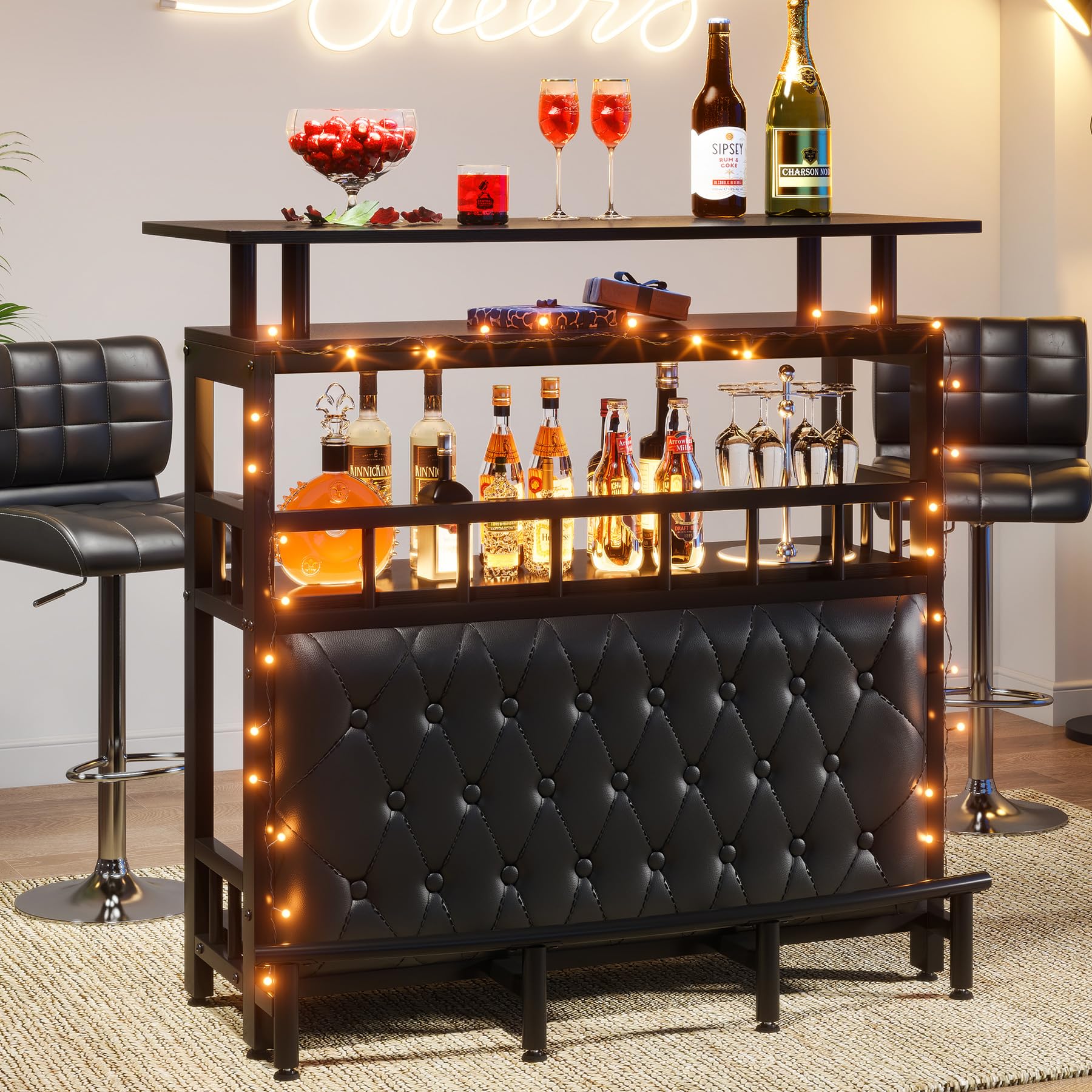 Home Bar Unit for Liquor, 44-Inch Bar Height Table with Storage, Black