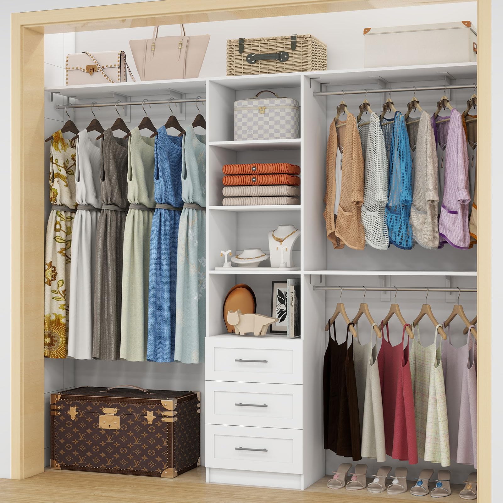 Closet Organizer System with Drawers, 8FT Closet Shelving System 96" Walk in Wood