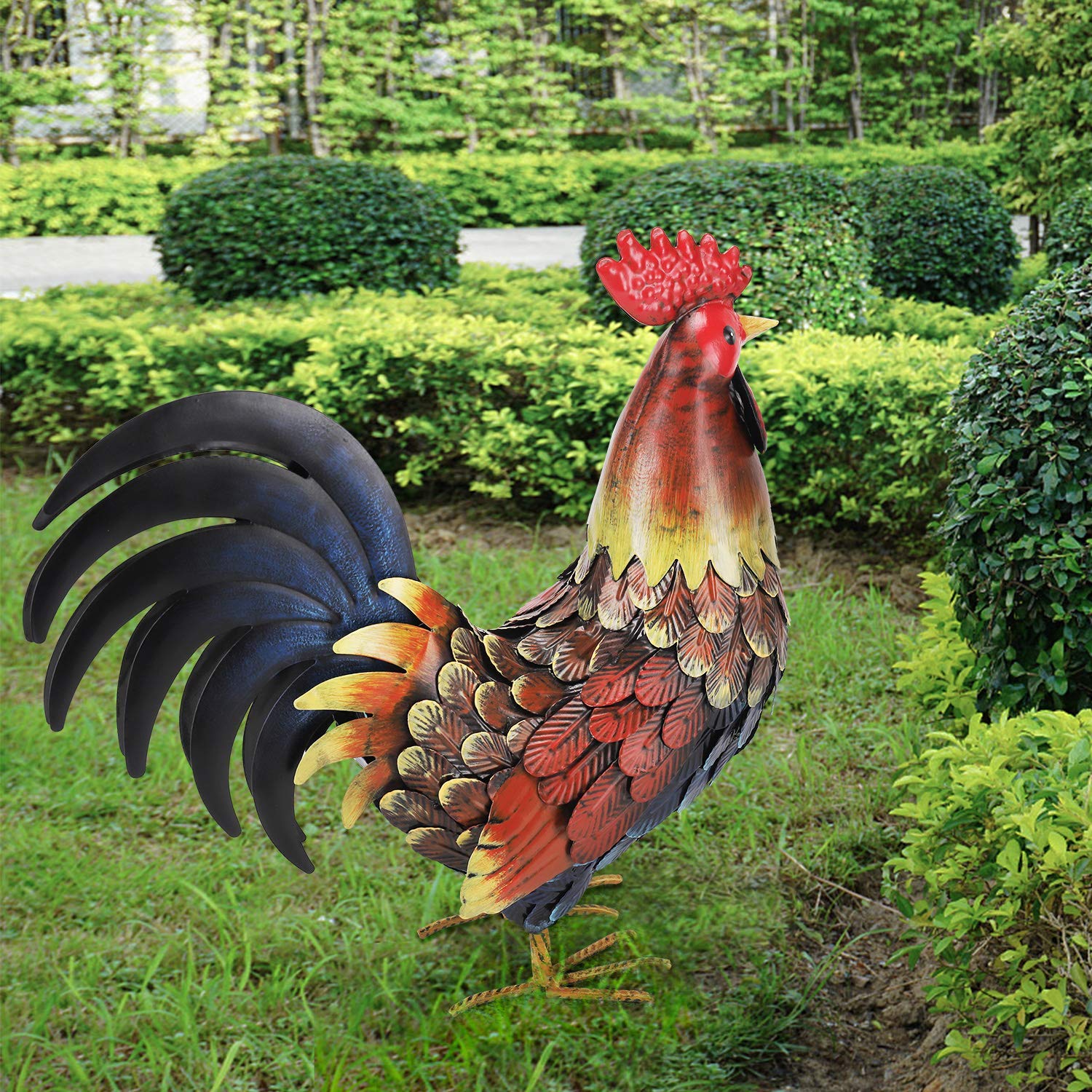Rooster Decor Garden Statue Metal Chicken Yard Art Sculpture Outdoor Figurines