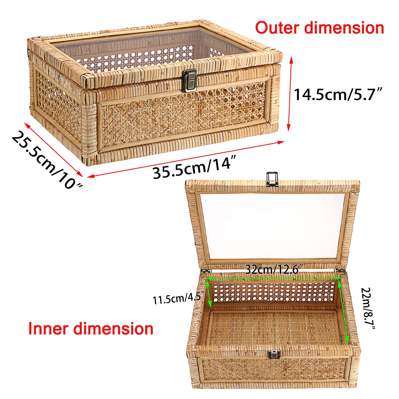 Hipiwe Vintage Decorative Box with Clear Lid Rattan and Wood Display Boxes Handcrafted Shelf Basket Bin Large Wicker Storage Basket Rectangular keepsakes Box for Bathroom Home Decor, 14x10x5.7 inch