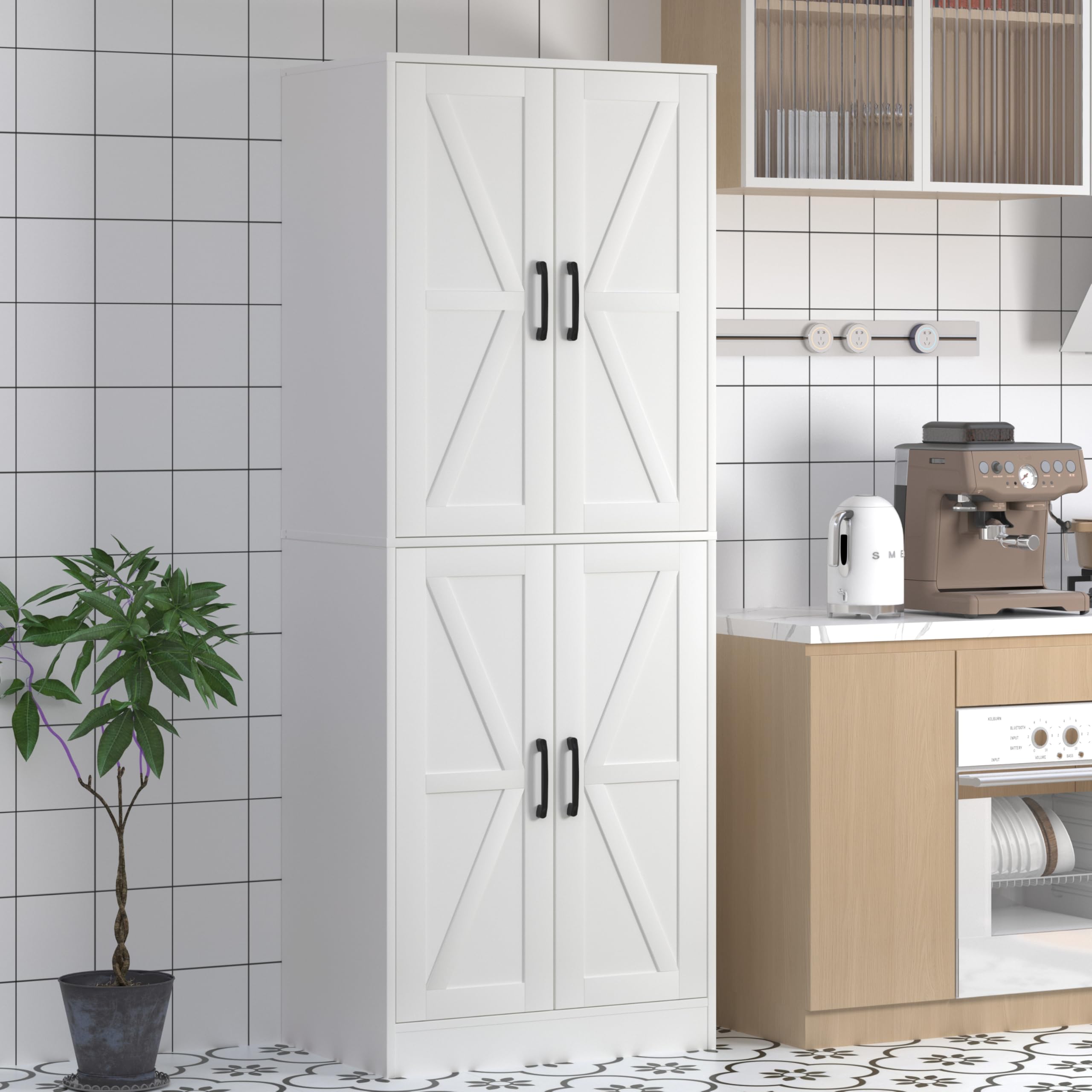 Farmhouse Storage Cabinet - Pantry with 4 Doors, Tall Kitchen Pantry with Adjustable