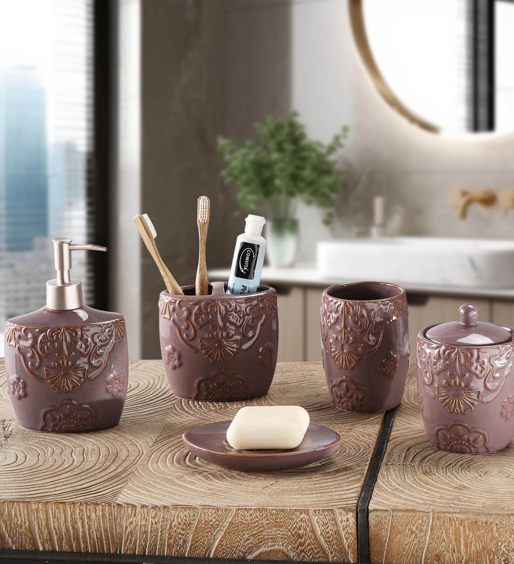 5-Piece Ceramic Bathroom Sink Set - Soap Dispenser & Toothbrush Holder Combo