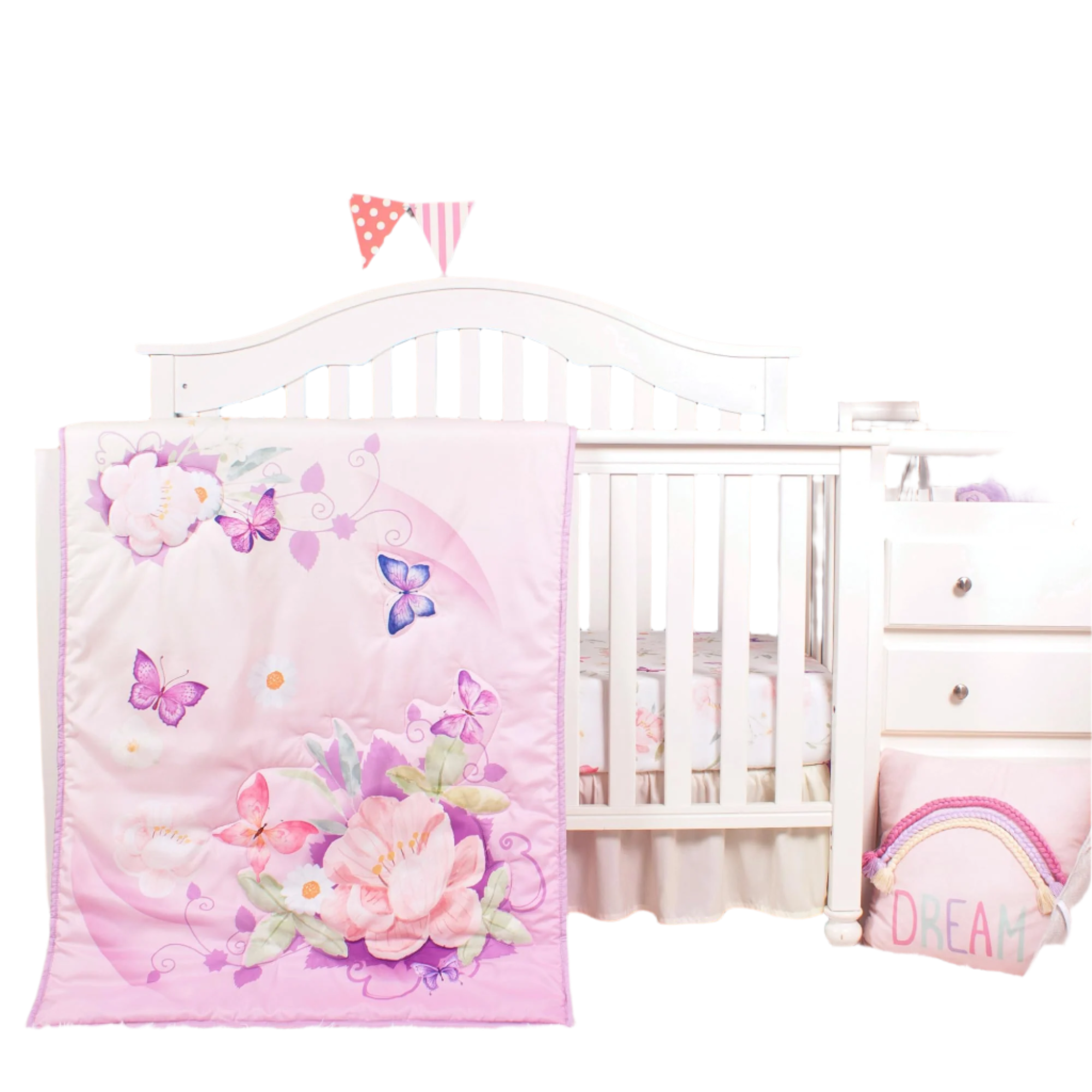Baby Crib Bedding Set for Girls, Watercolor Purple Butterfly 3 Piece Standard Size Crib