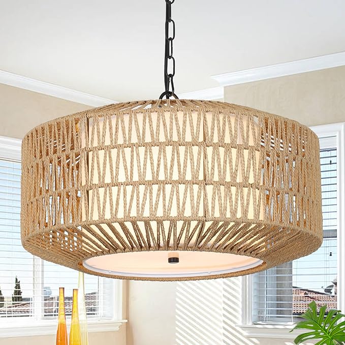 Farmhouse Chandelier Light Fixtures，5-Lights Rattan Dining Room Light Fixture