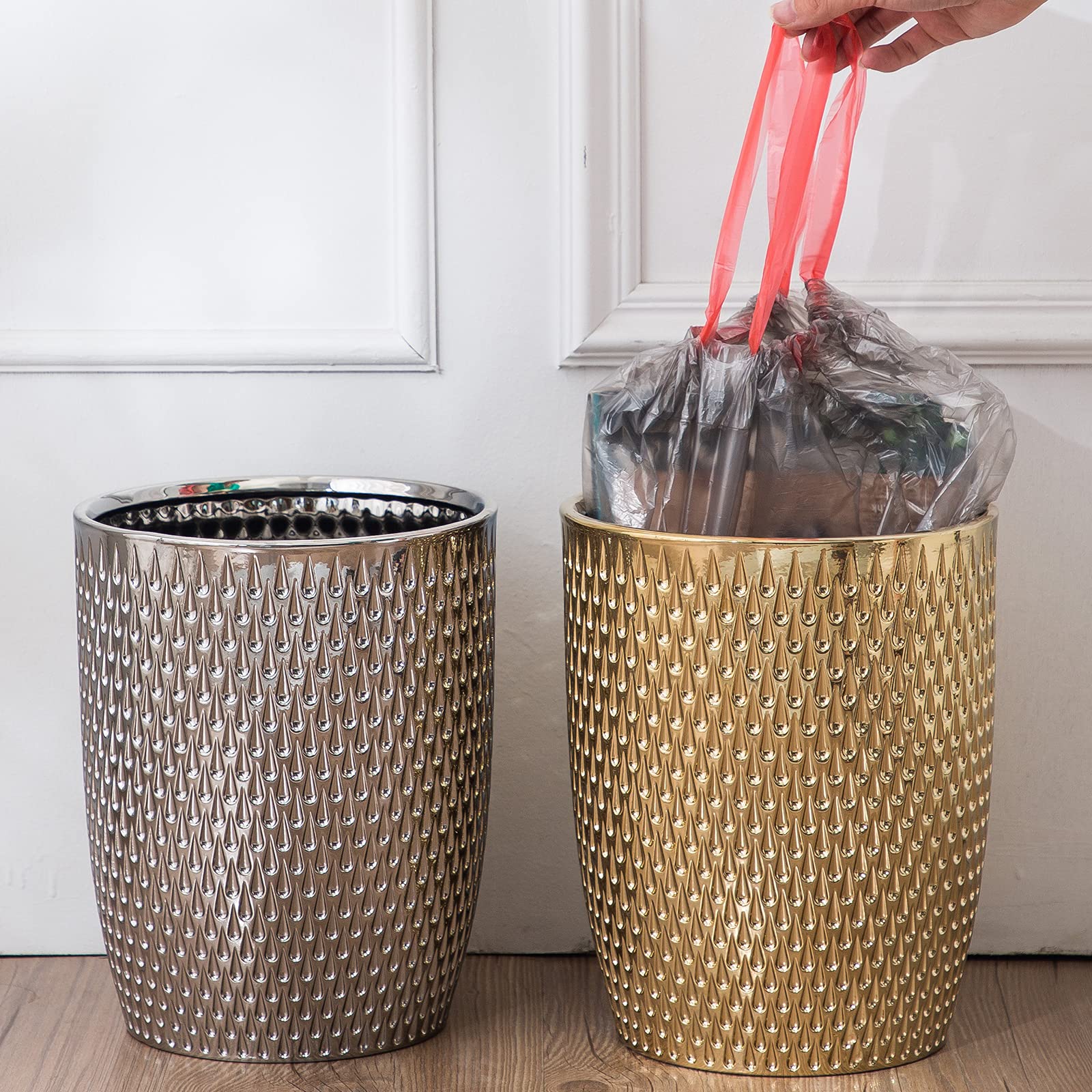Modern Golden Small Trash Can Wastebasket, Garbage Container Bin for Bathrooms