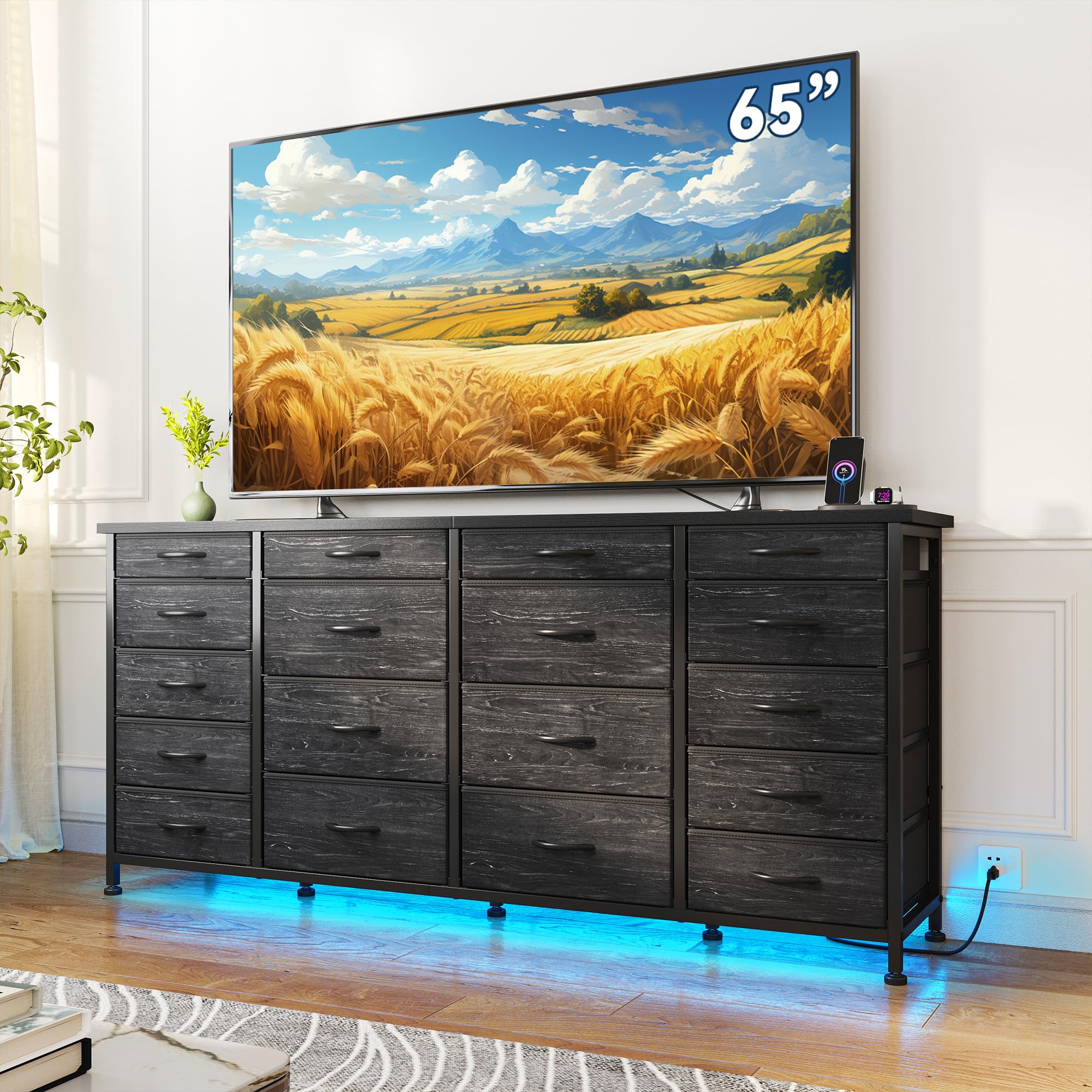 63" W 18 Drawers Dresser with LED Lights & Power Outlets Long Dresser for 65" TV Stand for Bedroom Large Fabric Dressers & Chests of Drawers for Bedroom, Sturdy Metal Frame (Charcoal Black)
