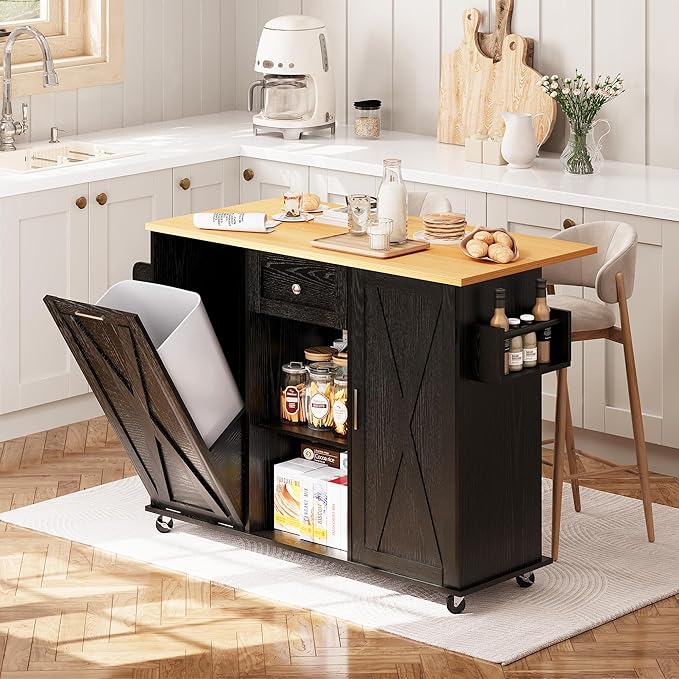 48" Rolling Kitchen Island with Drop Leaf & Trash Can Storag