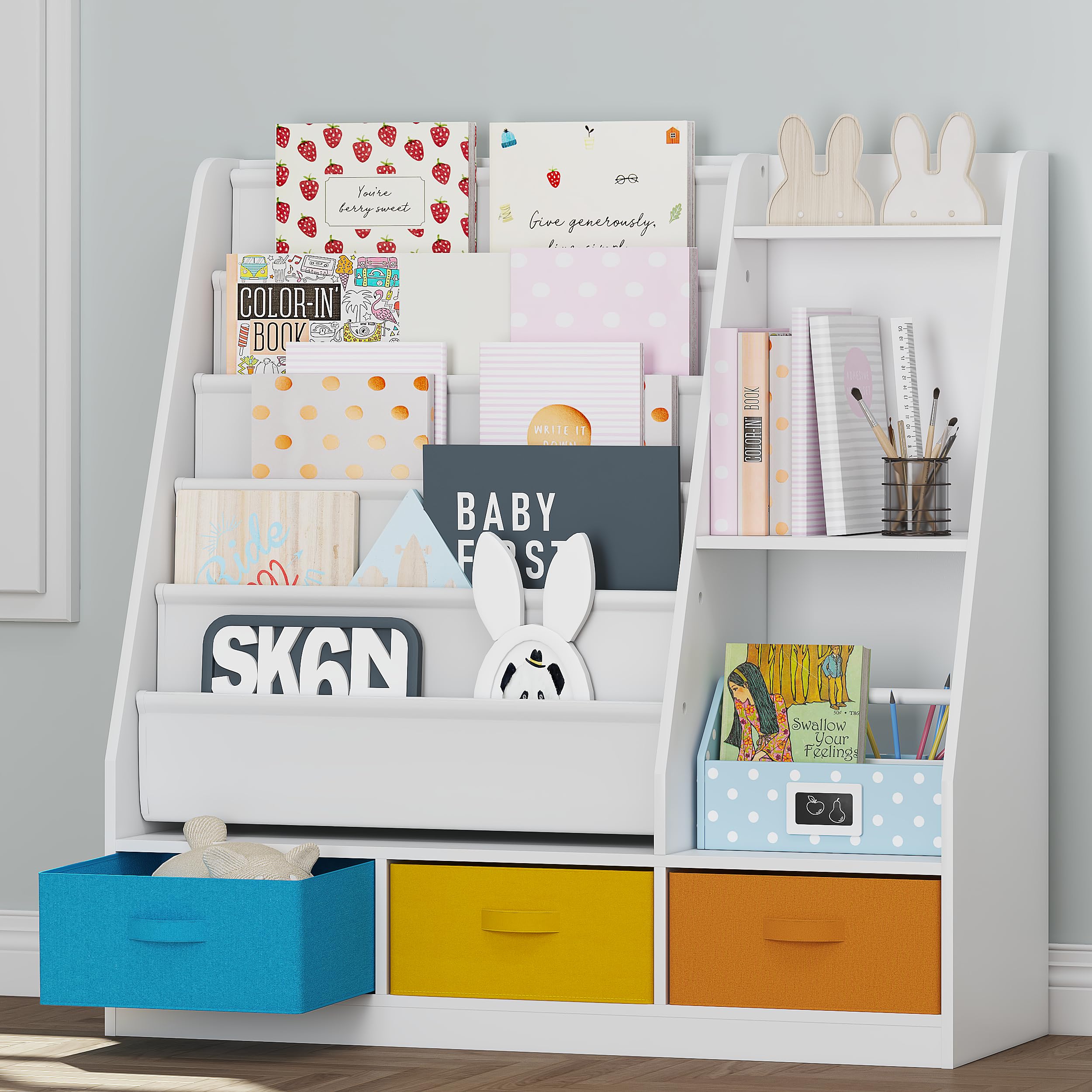 5-Tier Kids Sling Bookshelf with Storage Bins, Wood Children Bookcase