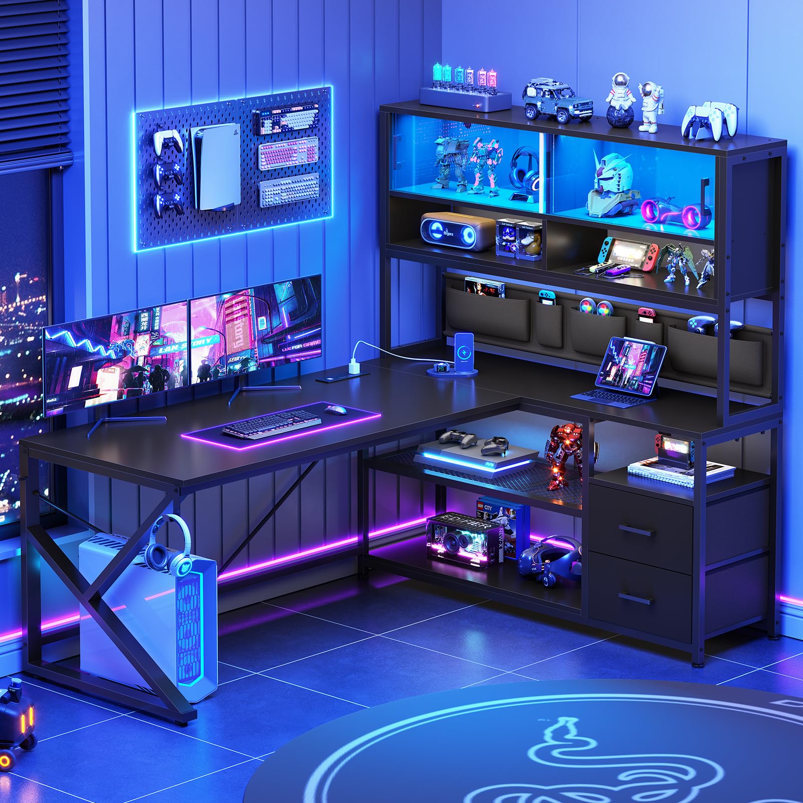 L Shaped Gaming Desk, Home Office Computer Desk with 2 Drawer and Bookshelf