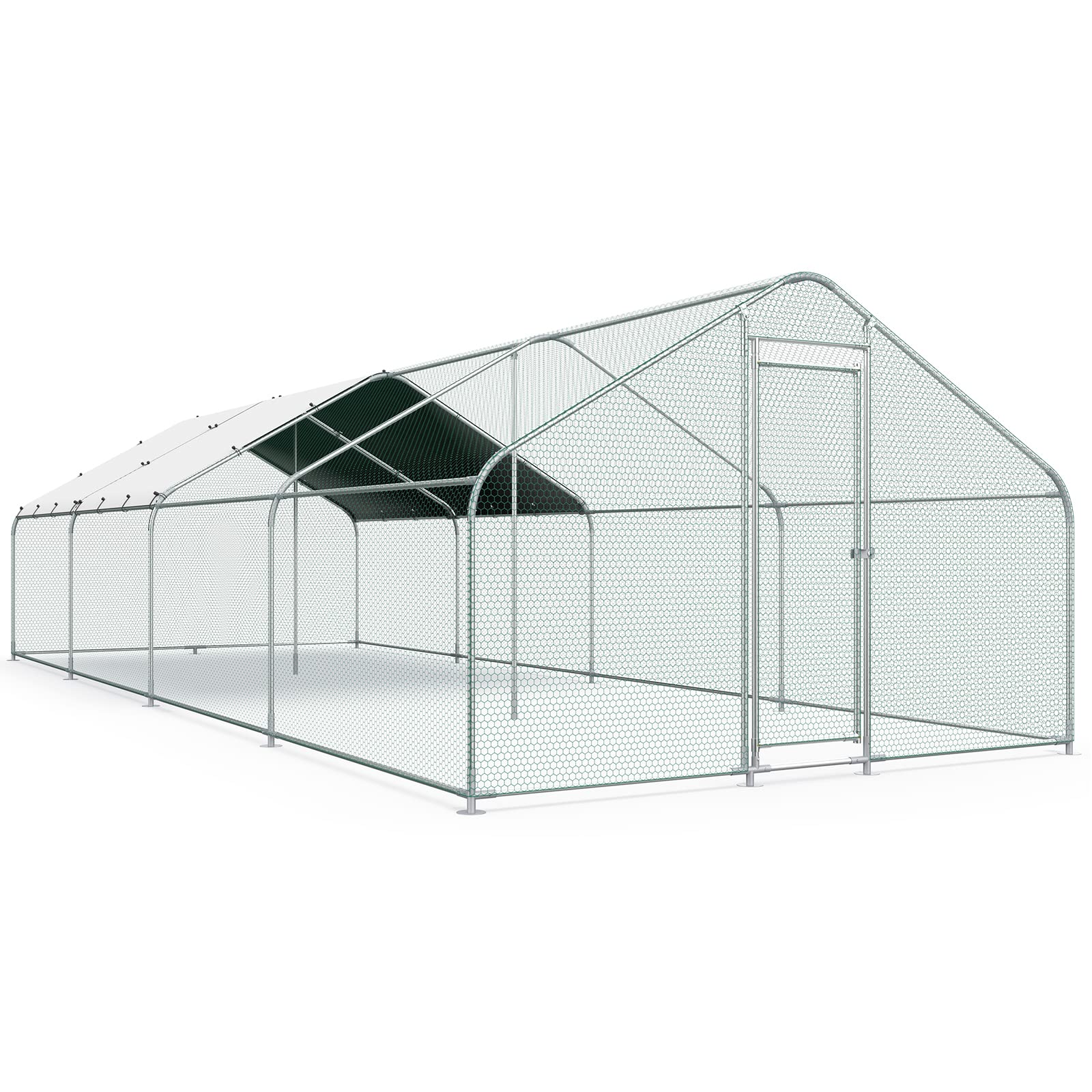10x25.6FT Large Metal Chicken Run with Roof, Walk-in Poultry Cage Chicken Coop