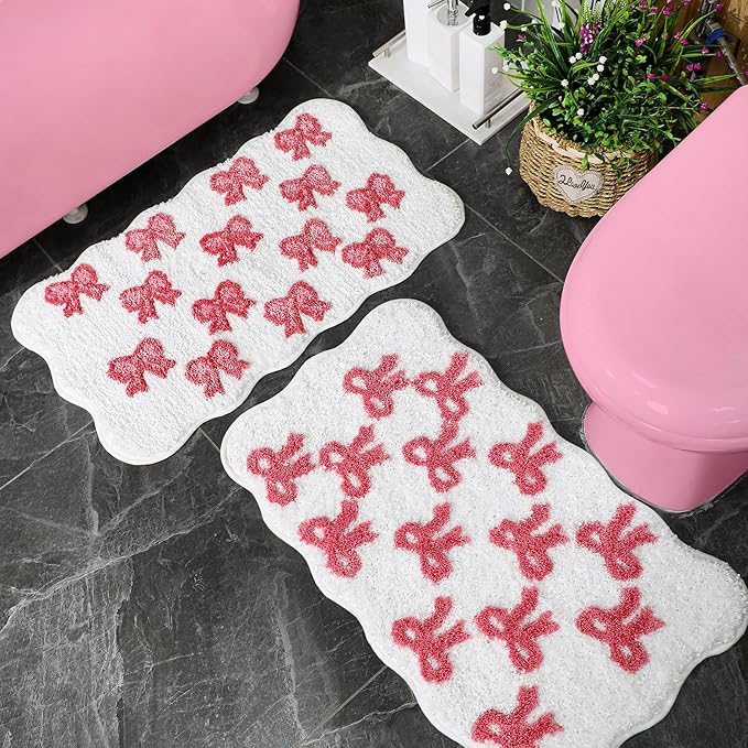 2 Pcs Pink Bow Rugs Non Slip Coquette Mats 17.2 x 29.3 Inch Pink Scalloped Bathroom