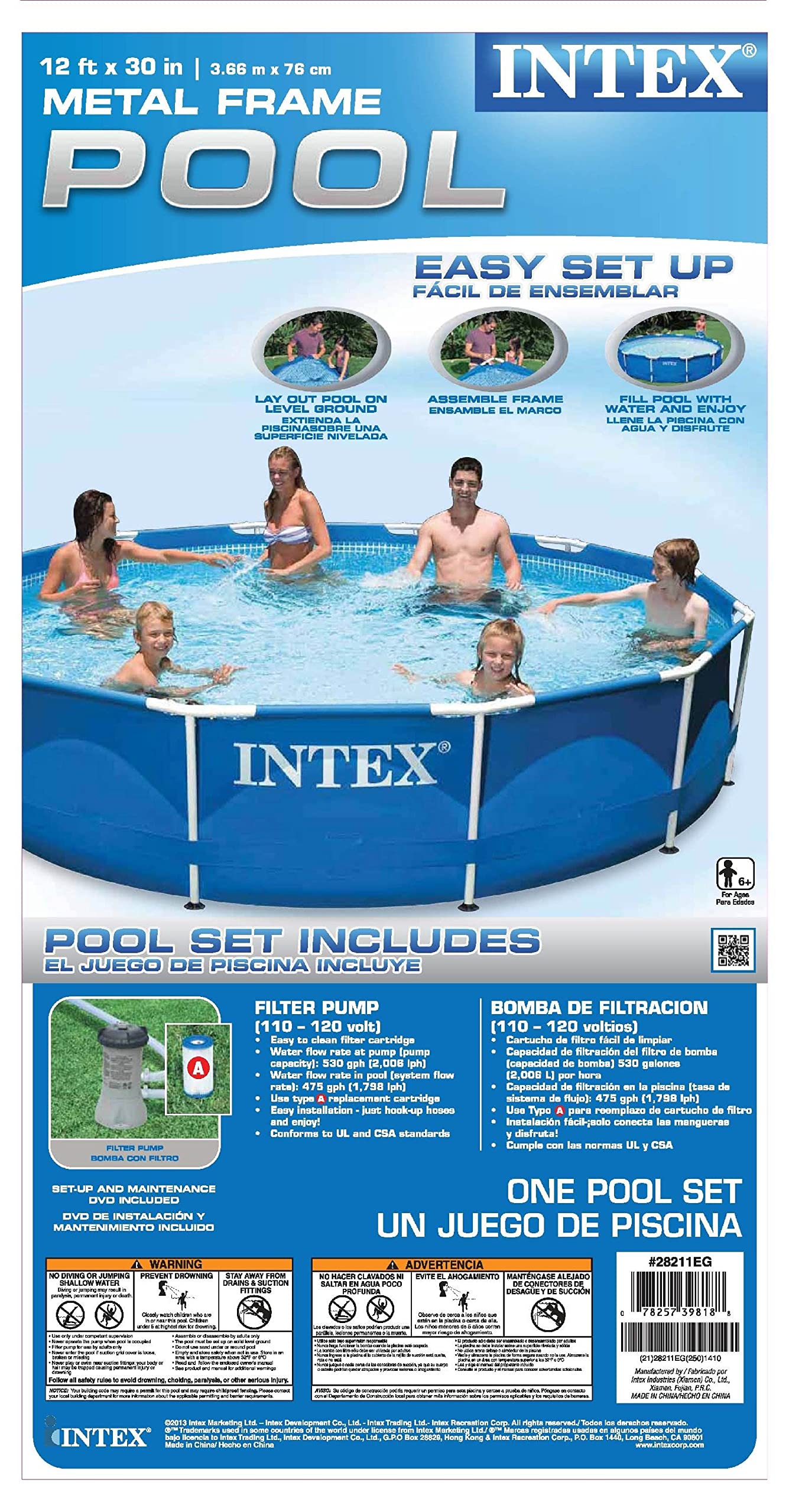 Metal Frame Above Ground Round Family Swimming Pool Set & Pump