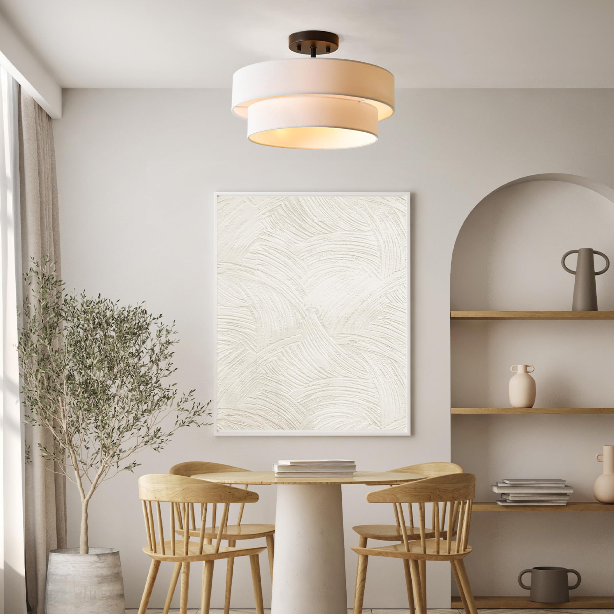 2-Light Semi-Flush Mount Ceiling Light, Matte Black, 2-Tier, White Linen Shade