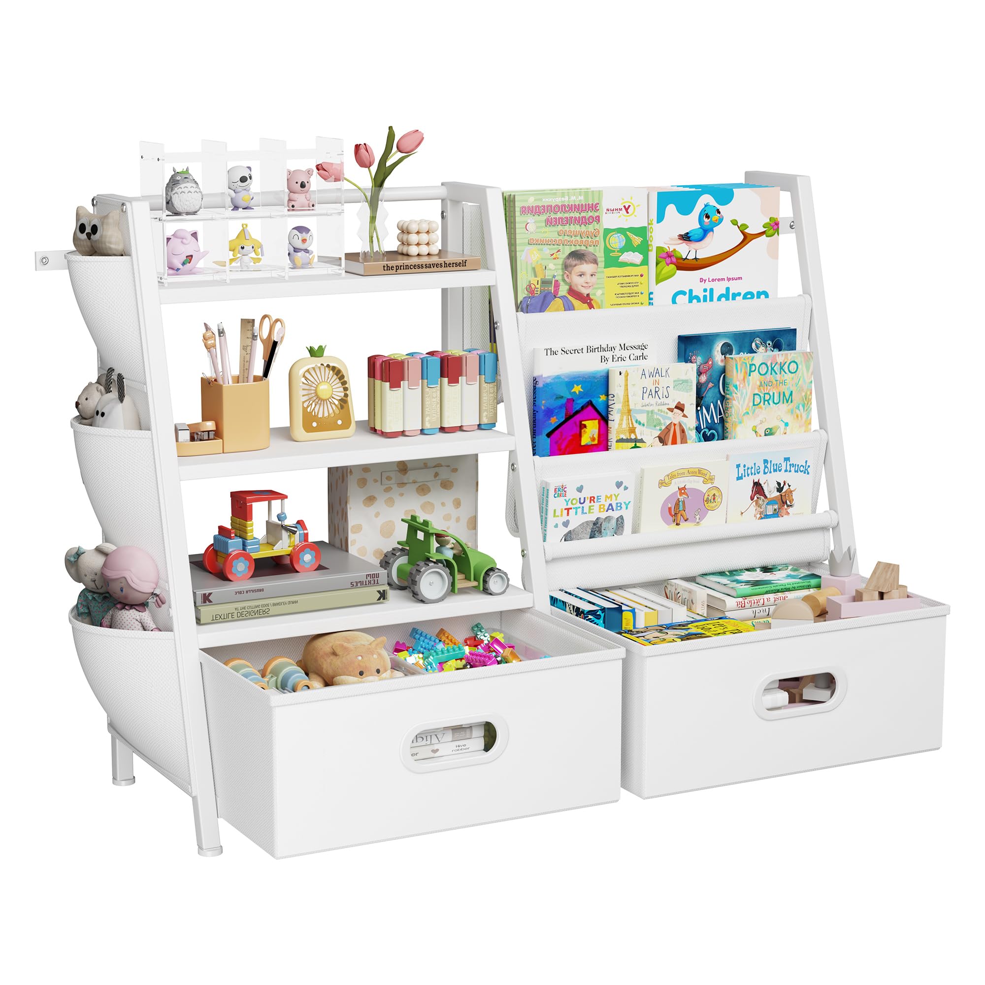 Kids Bookshelf and Toy Storage Organizer, 3 Tier Kids Bookcase, Sling Bookshelf and 2 Toy