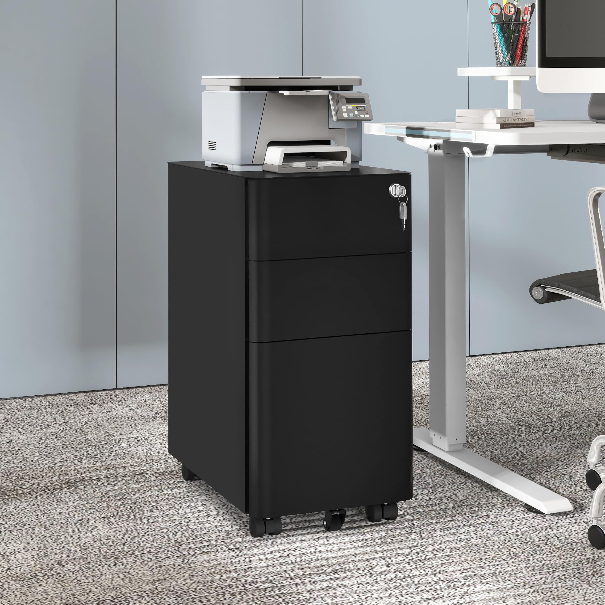 3-Drawer Vertical File Cabinet, Mobile Filing Cabinet with Lockable