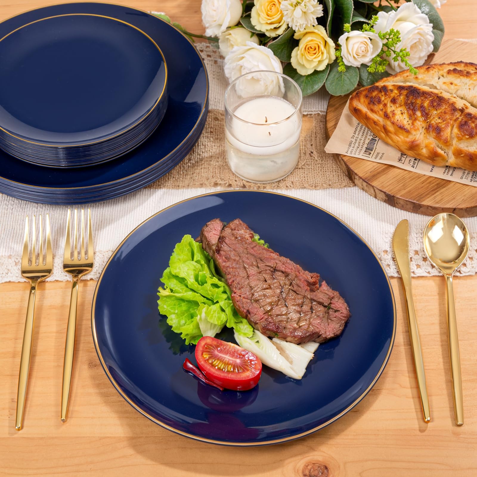 200 Pieces Blue Plastic Plates - Navy Blue and Gold Disposable